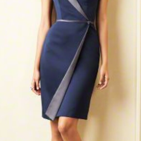 Knee-Length Sleek Satin Bridesmaids Dress, 2-Tone, Navy dress Grey Gray Accents - Picture 4 of 8